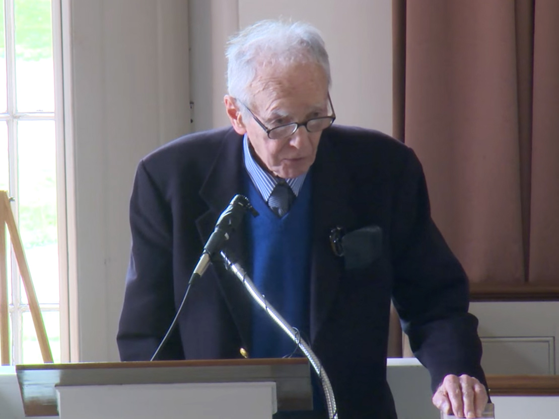 Mortimer Chambers delivers his eulogy during Alan Boegehold's memorial service at Brown University.